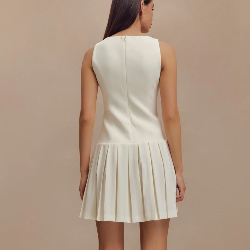 Meshki Ivory Pleated Mini Dress with Gold Buttons - Picture 4 of 6